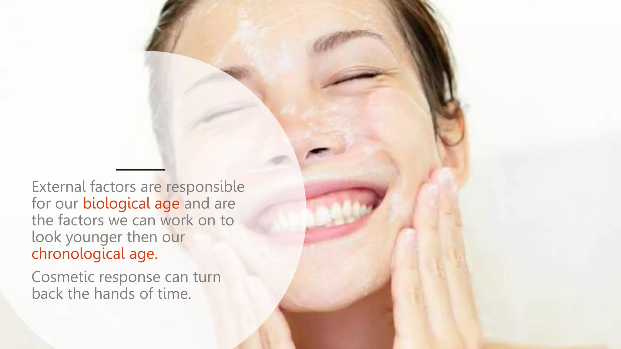 External factors are responsible
for our biological age and are
the factors we can work on to
look younger then our
chronological age.
Cosmetic response can turn
back the hands of time.
 