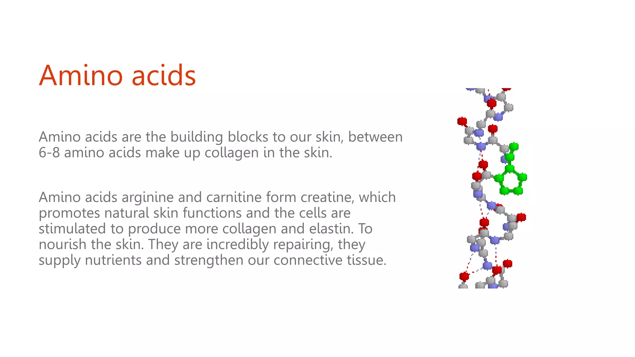 Amino acids
Amino acids are the building blocks to our skin, between
6-8 amino acids make up collagen in the skin.
Amino acids arginine and carnitine form creatine, which
promotes natural skin functions and the cells are
stimulated to produce more collagen and elastin. To
nourish the skin. They are incredibly repairing, they
supply nutrients and strengthen our connective tissue.
 