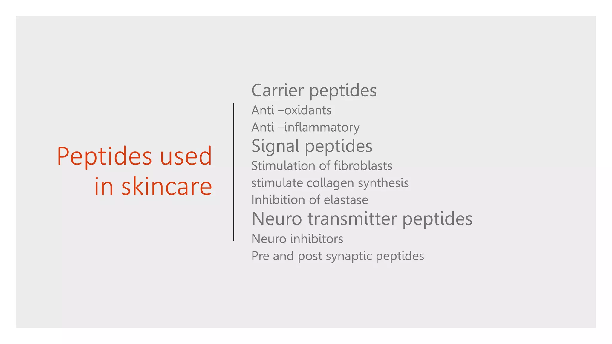 Peptides used
in skincare
Carrier peptides
Anti –oxidants
Anti –inflammatory
Signal peptides
Stimulation of fibroblasts
stimulate collagen synthesis
Inhibition of elastase
Neuro transmitter peptides
Neuro inhibitors
Pre and post synaptic peptides
 