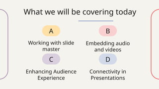 Working with slide
master
What we will be covering today
A B
C D
Embedding audio
and videos
Enhancing Audience
Experience
Connectivity in
Presentations
 
