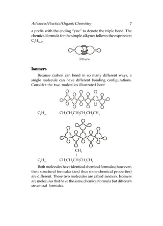 Advanced Practical Organic Chemistry                         7
a prefix with the ending “yne” to denote the triple bond. The
chemical formula for the simple alkynes follows the expression
CnH2n-2.




                              Ethyne


Isomers
    Because carbon can bond in so many different ways, a
single molecule can have different bonding configurations.
Consider the two molecules illustrated here:




   C6H14         CH3CH2CH2CH2CH2CH3




                        CH3
                        |
   C6H14         CH3CH2CH2CH2CH3
    Both molecules have identical chemical formulas; however,
their structural formulas (and thus some chemical properties)
are different. These two molecules are called isomers. Isomers
are molecules that have the same chemical formula but different
structural formulas.
 