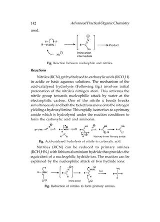 142                          Advanced Practical Organic Chemistry
used.




            Fig. Reaction between nucleophile and nitriles.

Reactions
    Nitriles (RCN) get hydrolysed to carboxylic acids (RCO2H)
in acidic or basic aqueous solutions. The mechanism of the
acid-catalysed hydrolysis (Following fig.) involves initial
protonation of the nitrile’s nitrogen atom. This activates the
nitrile group towards nucleophilic attack by water at the
electrophilic carbon. One of the nitrile π bonds breaks
simultaneously and both the π electrons move onto the nitrogen
yielding a hydroxyl imine. This rapidly isomerises to a primary
amide which is hydrolysed under the reaction conditions to
form the carboxylic acid and ammonia.




      Fig. Acid-catalysed hydrolysis of nitrile to carboxylic acid.
   Nitriles (RCN) can be reduced to primary amines
(RCH2HN2) with lithium aluminium hydride that provides the
equivalent of a nucleophilic hydride ion. The reaction can be
explained by the nucleophilic attack of two hydride ions:




          Fig. Reduction of nitriles to form primary amines.
 