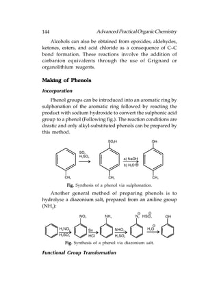 144                       Advanced Practical Organic Chemistry
    Alcohols can also be obtained from epoxides, aldehydes,
ketones, esters, and acid chloride as a consequence of C–C
bond formation. These reactions involve the addition of
carbanion equivalents through the use of Grignard or
organolithium reagents.

Making of Phenols

Incorporation
    Phenol groups can be introduced into an aromatic ring by
sulphonation of the aromatic ring followed by reacting the
product with sodium hydroxide to convert the sulphonic acid
group to a phenol (Following fig.). The reaction conditions are
drastic and only alkyl-substituted phenols can be prepared by
this method.




           Fig. Synthesis of a phenol via sulphonation.
   Another general method of preparing phenols is to
hydrolyse a diazonium salt, prepared from an aniline group
(NH2):




          Fig. Synthesis of a phenol via diazonium salt.

Functional Group Transformation
 