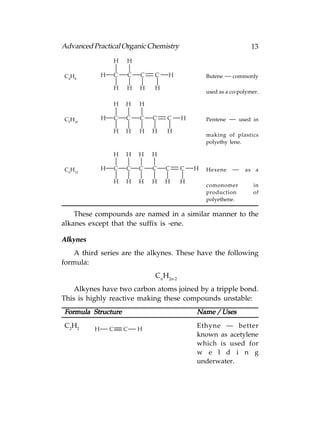 Advanced Practical Organic Chemistry                                  13
                      H   H

C4H8          H       C   C   C   C   H             Butene — commonly

                      H   H   H   H
                                                    used as a co-polymer.

                      H   H   H

C5H10         H       C   C   C   C   C     H       Pentene — used in

                      H   H   H   H   H
                                                    making of plastics
                                                    polyethy lene.

                      H   H   H   H

C6H12         H       C   C   C   C   C     C   H   Hexene    — as a
                      H   H   H   H   H     H
                                                    comonomer         in
                                                    production        of
                                                    polyethene.

    These compounds are named in a similar manner to the
alkanes except that the suffix is -ene.

Alkynes
   A third series are the alkynes. These have the following
formula:
                                  CnH2n-2
    Alkynes have two carbon atoms joined by a tripple bond.
This is highly reactive making these compounds unstable:
Formula Structure                               Name / Uses
C2H2      H       C       C   H
                                                Ethyne — better
                                                known as acetylene
                                                which is used for
                                                w e l d i n g
                                                underwater.
 