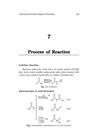 Advanced Practical Organic Chemistry                            163




                                7

         Process of Reaction

Acid-base Reactions
    Because carboxylic acids have an acidic proton (CO2H),
they form water soluble carboxylate salts when treated with
a base (e.g. sodium hydroxide or sodium bicarbonate):




                        Fig. Salt formation

Interconversion of Acid Derivatives




       Fig.I. Nucleophilic substitutions of an acid chloride.
 