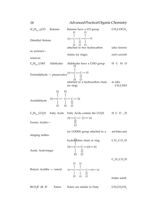 18                                     Advanced Practical Organic Chemistry
(CnH2n+1)2CO        Ketones           Ketones have a CO group                 CH 3 COCH 3
                                          H        H

                                      H       C   C       C       H
Dimethyl Ketone
                                           H O H
                                      attached to two hydrocarbon             (also known
as acetone)—
                                      chains (or rings).                      nail-varnish
remover.

CnH2n+1CHO          Aldehydes         Aldehydes have a CHO group              H C H O
                                          H

                                      H       C   C       H
Formaldehyde — preservative
                                            H O
                                      attached to a hydrocarbon chain         in labs.
                                      (or ring).                                 CH 3CHO

                          H       H

                    H     C       C       C       H
Acetaldehyde
                          H       H       O

CnH2n+1CO2H         Fatty Acids       Fatty Acids contain the CO2H            H C O    2
                                                                                           H
                                      H       C       O       H
Formic Acidin—
                                              O

                                      (or COOH) group attached to a           ant bites and
stinging nettles.
                                           H
                                      hydrocarbon chain or ring.              C H 3C O 2H

                                      H       C       C       O       H
Acetic Acidvinegar
                                              H       O
                                                                              C 2H 5C O 2H
                                              H   H

Butyric Acidthe — rancid              H       C   C       C       O       H

                                              H   H       O
                                                                              butter smell.


RCO2R’ (R, R’           Esters        Esters are similar to Fatty             CH3CO 2CH3
 