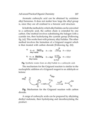 Advanced Practical Organic Chemistry                              207
     Aromatic carboxylic acid can be obtained by oxidation
alkyl benzenes. It does not matter how large the alkyl group
is, since they are all oxidised to a benzoic acid structure.
     In both the methods by which alkyl halides can be converted
to a carboxylic acid, the carbon chain is extended by one
carbon. One method involves substituting the halogen with a
cyanide ion, then hydrolysing the cyanide group [Following
fig. (a)]. This works best with primary alkyl halides. The other
method involves the formation of a Grignard reagent which
is then treated with carbon dioxide [Following fig. (b)].




   Fig. Synthetic routes from an alkyl halide to a carboxylic acid.
    The mechanism for the Grignard reaction is similar to the
nucleophilic addition of a Grignard reagent to an aldehyde or
ketone:




    Fig. Mechanism for the Grignard reaction with carbon
dioxide.
    A range of carboxylic acids can be prepared by alkylating
diethyl malonate, then hydrolysing and decarboxylating the
product:
 