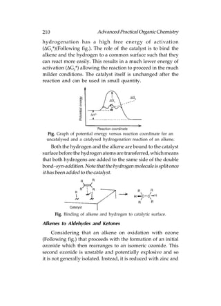 210                        Advanced Practical Organic Chemistry
hydrogenation has a high free energy of activation
(ΔG1*)(Following fig.). The role of the catalyst is to bind the
alkene and the hydrogen to a common surface such that they
can react more easily. This results in a much lower energy of
activation (ΔG2*) allowing the reaction to proceed in the much
milder conditions. The catalyst itself is unchanged after the
reaction and can be used in small quantity.




 Fig. Graph of potential energy versus reaction coordinate for an
 uncatalysed and a catalysed hydrogenation reaction of an alkene.
     Both the hydrogen and the alkene are bound to the catalyst
surface before the hydrogen atoms are transferred, which means
that both hydrogens are added to the same side of the double
bond–syn-addition. Note that the hydrogen molecule is split once
it has been added to the catalyst.




      Fig. Binding of alkene and hydrogen to catalytic surface.

Alkenes to Aldehydes and Ketones
      Considering that an alkene on oxidation with ozone
(Following fig.) that proceeds with the formation of an initial
ozonide which then rearranges to an isomeric ozonide. This
second ozonide is unstable and potentially explosive and so
it is not generally isolated. Instead, it is reduced with zinc and
 
