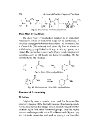 224                       Advanced Practical Organic Chemistry




             Fig. K. Unfavoured reaction mechanism.

Diets-Alder Cycloaddition
     The diels-Alder cycloaddition reaction is an important
reaction by which six-numbered rings can be synthesised. It
involves a conjugated diene and an alkene. The alkene is called
a dienophile (diene-lover) and generally has an electron-
withdrawing group linked to it (e.g. a carbonyl group or a
nitrile). The mechanism is concerted with new bonds being formed
simultaneously as old bonds are being broken(Fig. M). No
intermediates are involved.




                Fig. L. Diels-Alder cycloaddition.




         Fig. M. Mechanism of Diels-Alder cycloaddition.

Process of Aromaticity

Definition
     Originally term aromatic was used for benzene-like
structures because of the distinctive aroma of such compounds.
Aromatic compounds undergo certain distinctive reactions that
set them apart from other functional groups. They are highly
unsaturated compounds, but unlike alkenes and alkynes, they
are relatively unreactive and tend to undergo reactions that
 
