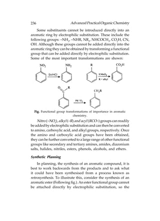 236                       Advanced Practical Organic Chemistry
    Some substituents cannot be introduced directly into an
aromatic ring by electrophilic substitution. These include the
following groups: –NH2, –NHR, NR2, NHCOCH3, CO2H, CN,
OH. Although these groups cannot be added directly into the
aromatic ring they can be obtained by transforming a functional
group that can be added directly by electrophilic substitution.
Some of the most important transformations are shown:




  Fig. Functional group transformations of importance in aromatic
                             chemistry.
    Nitro (–NO2), alkyl (–R) and acyl (RCO–) groups can readily
be added by electrophilic substitution and can then be converted
to amino, carboxylic acid, and alkyl groups, respectively. Once
the amino and carboxylic acid groups have been obtained,
they can be further converted to a large range of other functional
groups like secondary and tertiary amines, amides, diazonium
salts, halides, nitriles, esters, phenols, alcohols, and ethers.

Synthetic Planning
    In planning, the synthesis of an aromatic compound, it is
best to work backwards from the products and to ask what
it could have been synthesised from a process known as
retrosynthesis. To illustrate this, consider the synthesis of an
aromatic ester (Following fig.). An ester functional group cannot
be attached directly by electrophilic substitution, so the
 