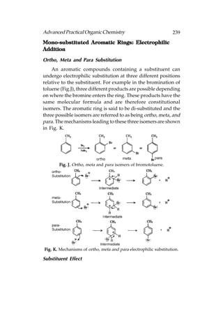 Advanced Practical Organic Chemistry                              239

Mono-substituted Aromatic Rings: Electrophilic
Addition

Ortho, Meta and Para Substitution
    An aromatic compounds containing a substituent can
undergo electrophilic substitution at three different positions
relative to the substituent. For example in the bromination of
toluene (Fig.J), three different products are possible depending
on where the bromine enters the ring. These products have the
same molecular formula and are therefore constitutional
isomers. The aromatic ring is said to be di-substituted and the
three possible isomers are referred to as being ortho, meta, and
para. The mechanisms leading to these three isomers are shown
in Fig. K.




       Fig. J. Ortho, meta and para isomers of bromotoluene.




Fig. K. Mechanisms of ortho, meta and para electrophilic substitution.

Substituent Effect
 
