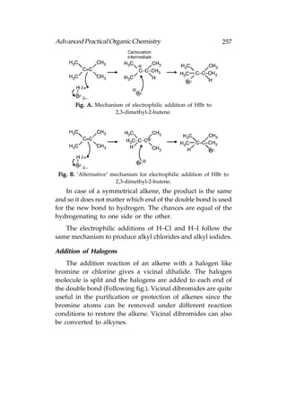 Advanced Practical Organic Chemistry                              257




       Fig. A. Mechanism of electrophilic addition of HBr to
                      2,3-dimethyl-2-butene.




 Fig. B. ‘Alternative’ mechanism for electrophilic addition of HBr to
                        2,3-dimethyl-2-butene.
    In case of a symmetrical alkene, the product is the same
and so it does not matter which end of the double bond is used
for the new bond to hydrogen. The chances are equal of the
hydrogenating to one side or the other.
   The electrophilic additions of H–Cl and H–I follow the
same mechanism to produce alkyl chlorides and alkyl iodides.

Addition of Halogens
    The addition reaction of an alkene with a halogen like
bromine or chlorine gives a vicinal dihalide. The halogen
molecule is split and the halogens are added to each end of
the double bond (Following fig.). Vicinal dibromides are quite
useful in the purification or protection of alkenes since the
bromine atoms can be removed under different reaction
conditions to restore the alkene. Vicinal dibromides can also
be converted to alkynes.
 