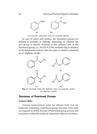 24                            Advanced Practical Organic Chemistry
                                                   O

                           CO2H                    C
                                                       CH3




                     (a)               (b)

           (a) aromatic carboxylic acid; (b) aromatic ketone.
    In case of esters and amides, the functional groups are
defined as aromatic or aliphatic depending on whether the
aryl group is directly attached to the carbonyl end of the
functional group, i.e., Ar-CO-X. If the aromatic ring is attached
to the heteroatom instead, then the ester or amide is classified
as an aliphatic amide:




     Fig. (a) Aromatic ester; (b) aliphatic ester; (c) aromatic amide;
                           (d) aliphatic amide.

Taxonomy of Functional Groups
            Functional

General Rules
     Various nomenclature rules for alkanes hold true for
molecules containing a functional group, but some extra rules
are required to define the type of functional group present and
its position within the molecule. Important rules are as follows:
 