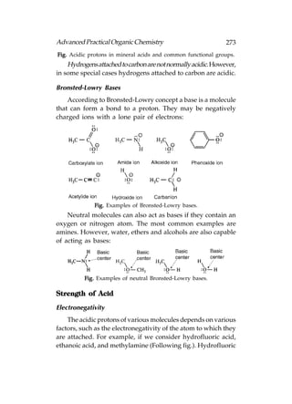 Advanced Practical Organic Chemistry                          273
Fig. Acidic protons in mineral acids and common functional groups.
    Hydrogens attached to carbon are not normally acidic. However,
in some special cases hydrogens attached to carbon are acidic.

Bronsted-Lowry Bases
    According to Bronsted-Lowry concept a base is a molecule
that can form a bond to a proton. They may be negatively
charged ions with a lone pair of electrons:




              Fig. Examples of Bronsted-Lowry bases.
    Neutral molecules can also act as bases if they contain an
oxygen or nitrogen atom. The most common examples are
amines. However, water, ethers and alcohols are also capable
of acting as bases:




          Fig. Examples of neutral Bronsted-Lowry bases.

Strength of Acid

Electronegativity
    The acidic protons of various molecules depends on various
factors, such as the electronegativity of the atom to which they
are attached. For example, if we consider hydrofluoric acid,
ethanoic acid, and methylamine (Following fig.). Hydrofluoric
 