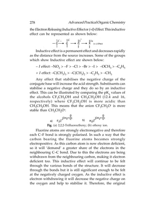 278                         Advanced Practical Organic Chemistry
the Electron Releasing Inductive Effect or (+I)-Effect. This inductive
effect can be represented as shown below:



    Inductive effect is a permanent effect and decreases rapidly
as the distance from the source increases. Some of the groups
which show Inductive effect are shown below:
      – I effect: –NO2 > –F > –Cl > –Br > –I > –OCH3 > –C6H5
      + I effect: –C(CH3)3 > –C(CH3)2 > –C2H5 > –CH3
    Any effect that stabilises the negative charge of the
conjugate base will increase the acid strength. Substituents can
stabilise a negative charge and they do so by an inductive
effect. This can be illustrated by comparing the pKa values of
the alcohols CF3CH 2OH and CH 3CH 2OH (12.4 and 16,
respectively) where CF 3 CH 2 OH is more acidic than
CH3CH2OH. This means that the anion CF3CH2O- is more
stable than CH3CH2O-:



            Fig. (a) 2,2,2-Trifluorocthoxy; (b) ethoxy ion.
    Fluorine atoms are strongly electronegative and therefore
each C–F bond is strongly polarised. In such a way that the
carbon bearing the fluorine atoms becomes strongly
electropositive. As this carbon atom is now electron deficient,
so it will ‘demand’ a greater share of the electrons in the
neighbouring C–C bond. Due to this the electrons are being
withdrawn from the neighbouring carbon, making it electron
deficient too. This inductive effect will continue to be felt
through the various bonds of the structure. It will decrease
through the bonds but it is still significant enough to be felt
at the negatively charged oxygen. As the inductive effect is
electron withdrawing it will decrease the negative charge on
the oxygen and help to stabilise it. Therefore, the original
 