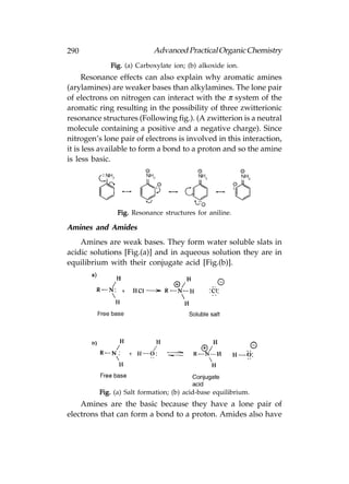 290                        Advanced Practical Organic Chemistry
             Fig. (a) Carboxylate ion; (b) alkoxide ion.
      Resonance effects can also explain why aromatic amines
(arylamines) are weaker bases than alkylamines. The lone pair
of electrons on nitrogen can interact with the π system of the
aromatic ring resulting in the possibility of three zwitterionic
resonance structures (Following fig.). (A zwitterion is a neutral
molecule containing a positive and a negative charge). Since
nitrogen’s lone pair of electrons is involved in this interaction,
it is less available to form a bond to a proton and so the amine
is less basic.




               Fig. Resonance structures for aniline.

Amines and Amides
    Amines are weak bases. They form water soluble slats in
acidic solutions [Fig.(a)] and in aqueous solution they are in
equilibrium with their conjugate acid [Fig.(b)].




         Fig. (a) Salt formation; (b) acid-base equilibrium.
    Amines are the basic because they have a lone pair of
electrons that can form a bond to a proton. Amides also have
 