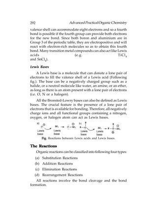 292                         Advanced Practical Organic Chemistry
valence shell can accommodate eight electrons and so a fourth
bond is possible if the fourth group can provide both electrons
for the new bond. Since both boron and aluminium are in
Group 3 of the periodic table, they are electropositive and will
react with electron-rich molecules so as to obtain this fourth
bond. Many transition metal compounds can also act like Lewis
acids                         (e.g.                       TiCl 4
and SnCl4).

Lewis Bases
     A Lewis base is a molecule that can donate a lone pair of
electrons to fill the valence shell of a Lewis acid (Following
fig.). The base can be a negatively charged group such as a
halide, or a neutral molecule like water, an amine, or an ether,
as long as there is an atom present with a lone pair of electrons
(i.e. O, N or a halogen).
    All the Bronsted-Lowry bases can also be defined as Lewis
bases. The crucial feature is the presence of a lone pair of
electrons that is available for bonding. Therefore, all negatively
charge ions and all functional groups containing a nitrogen,
oxygen, or halogen atom can act as Lewis bases.




         Fig. Reactions between Lewis acids and Lewis bases.

The Reactions
      Organic reactions can be classified into following four types:
   (a) Substitution Reactions
   (b) Addition Reactions
   (c) Elimination Reactions
   (d) Rearrangement Reactions
   All reactions involve the bond cleavage and the bond
formation.
 