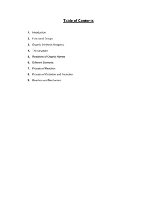 Table of Contents


1. Introduction

2. Functional Groups

3. Organic Synthesis Reagents

4. The Structure

5. Reactions of Organic Names

6. Different Elements

7. Process of Reaction

8. Process of Oxidation and Reduction

9. Reaction and Mechanism
 