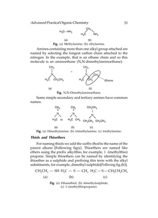 Advanced Practical Organic Chemistry                                33




                Fig. (a) Methylamine; (b) ethylamine.
    Amines containing more than one alkyl group attached are
named by selecting the longest carbon chain attached to the
nitrogen. In the example, that is an ethane chain and so this
molecule is an aminoethane (N,N-dimethylaminoethane):




                   Fig. N,N-Dimethylaminoethane.
   Some simple secondary and tertiary amines have common
names:




   Fig. (a) Dimethylamine; (b) trimethylamine; (c) triethylamine.

Thiols and Thioethers
    For naming thiols we add the suffix-thoil to the name of the
parent alkane [Following fig(a). Thioethers are named like
ethers using the prefix alkylthio, for example, 1 -(methylthio)
propane. Simple thioethers can be named by identifying the
thioether as a sulphide and prefixing this term with the alkyl
substituents, for example, dimethyl sulphide[Follwing fig.(b)].
   CH2CH3 — SH H3C — S — CH3 H3C — S — CH2CH2CH3
        (a)                 (b)                      (c)
              Fig. (a) Ethanethiol; (b) dimethylsulphide;
                       (c) 1–(methylthiopropane).
 