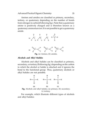 Advanced Practical Organic Chemistry                               35
     Amines and amides are classified as primary, secondary,
tertiary, or quaternary depending on the number of bonds
from nitrogen to carbon(Following fig.). Note that a quaternary
amine is positively charged and is therefore known as a
quaternary ammonium ion. It is not possible to get a quaternary
amide.




                   Fig. (a) Amines; (b) amides.

Alcohols and Alkyl Halides
    Alcohols and alkyl halides can be classified as primary,
secondary, or tertiary (Following fig.) depending on the carbon
to which the alcohol or halide is attached and it ignores the
bond to the functional group. Thus, quaternary alcohols or
alkyl halides are not possible.




    Fig. Alcohols and alkyl halides; (a) primary; (b) secondary;
                            (c) tertiary.
   For example, which illustrate different types of alcohols
and alkyl halides:
 