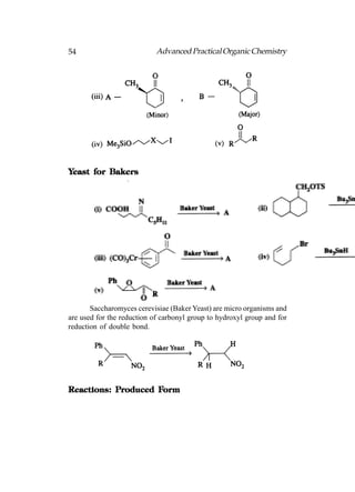 54                          Advanced Practical Organic Chemistry




Yeast for Bakers




       Saccharomyces cerevisiae (Baker Yeast) are micro organisms and
are used for the reduction of carbonyl group to hydroxyl group and for
reduction of double bond.




           Produced Form
Reactions: Produced Form
 