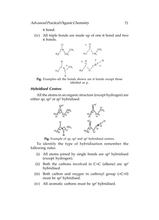 Advanced Practical Organic Chemistry                            71
       π bond.
  (iv) All triple bonds are made up of one σ bond and two
       π bonds.




   Fig. Examples–all the bonds shown are σ bonds except those
                           labelled as p.

Hybridised Centres
    All the atoms in an organic structure (except hydrogen) are
either sp, sp2 or sp3 hybridised:




        Fig. Example of sp, sp2 and sp3 hybridised centres.
    To identify the type of hybridisation remember the
following rules:
   (i) All atoms joined by single bonds are sp3 hybridised
       (except hydrogen).
   (ii) Both the carbons involved in C=C (alkene) are sp2
        hybridised.
  (iii) Both carbon and oxygen in carboxyl group (>C=0)
        must be sp2 hybridised.
  (iv) All aromatic carbons must be sp2 hybridised.
 