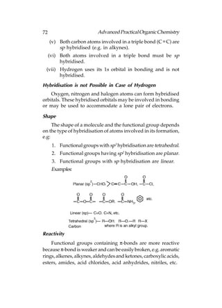 72                         Advanced Practical Organic Chemistry
     (v) Both carbon atoms involved in a triple bond (C  C) are
         sp hybridised (e.g. in alkynes).
     (vi) Both atoms involved in a triple bond must be sp
          hybridised.
 (vii) Hydrogen uses its 1s orbital in bonding and is not
       hybridised.

Hybridisation is not Possible in Case of Hydrogen
    Oxygen, nitrogen and halogen atoms can form hybridised
orbitals. These hybridised orbitals may be involved in bonding
or may be used to accommodate a lone pair of electrons.

Shape
     The shape of a molecule and the functional group depends
on the type of hybridisation of atoms involved in its formation,
e.g:
      1. Functional groups with sp3 hybridisation are tetrahedral.
      2. Functional groups having sp2 hybridisation are planar.
      3. Functional groups with sp hybridisation are linear.
      Examples:




Reactivity
    Functional groups containing π-bonds are more reactive
because π-bond is weaker and can be easily broken, e.g. aromatic
rings, alkenes, alkynes, aldehydes and ketones, carboxylic acids,
esters, amides, acid chlorides, acid anhydrides, nitriles, etc.
 