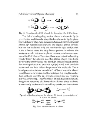 Advanced Practical Organic Chemistry                              81




Fig. (a) Formation of a C–H σ bond; (b) formation of a C–C σ bond.
     The full σ bonding diagram for ethene is shown in fig.(a)
given below and it can be simplified as shown in fig.(b) given
below. Ethene is a flat, rigid molecule where each carbon is trigonal
planar. sp2 hybridisation explains the trigonal planar carbons
but can not explained why the molecule is rigid and planar.
If the σ bonds were the only bonds present in ethene, the
molecule would not remain planar because rotation can occur
round the C–C σ bond. Therefore, there must be further bonding
which ‘locks’ the alkenes into this planar shape. This bond
involves the unhybridised half-filled 2py orbitals on each carbon
that overlap side-on to produce a pi (π) bond, with one lobe
above and one lobe below the plane of the molecule. This π
bond prevents rotation, round the C – C bond since the π bond
would have to be broken to allow rotation. A π bond is weaker
than a σ bond since the 2py orbitals overlap side-on, resulting
in a weaker overlap. The presence of a π bond can also explains
the greater reactivity of alkenes than alkanes, since a π bond
is more easily broken and is more likely to take part in reactions.



 Fig. (α) σ Bonding diagram for ethene; (b) simple representation of
                        σ bonds for ethene.



                Fig. Bond rotation around a s bond.
 