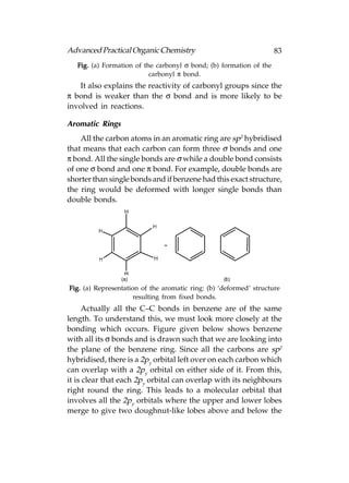 Advanced Practical Organic Chemistry                                 83
   Fig. (a) Formation of the carbonyl σ bond; (b) formation of the
                           carbonyl π bond.
   It also explains the reactivity of carbonyl groups since the
π bond is weaker than the σ bond and is more likely to be
involved in reactions.

Aromatic Rings
    All the carbon atoms in an aromatic ring are sp2 hybridised
that means that each carbon can form three σ bonds and one
π bond. All the single bonds are σ while a double bond consists
of one σ bond and one π bond. For example, double bonds are
shorter than single bonds and if benzene had this exact structure,
the ring would be deformed with longer single bonds than
double bonds.




Fig. (a) Representation of the aromatic ring: (b) ‘deformed’ structure
                     resulting from fixed bonds.
     Actually all the C–C bonds in benzene are of the same
length. To understand this, we must look more closely at the
bonding which occurs. Figure given below shows benzene
with all its σ bonds and is drawn such that we are looking into
the plane of the benzene ring. Since all the carbons are sp2
hybridised, there is a 2py orbital left over on each carbon which
can overlap with a 2py orbital on either side of it. From this,
it is clear that each 2py orbital can overlap with its neighbours
right round the ring. This leads to a molecular orbital that
involves all the 2py orbitals where the upper and lower lobes
merge to give two doughnut-like lobes above and below the
 