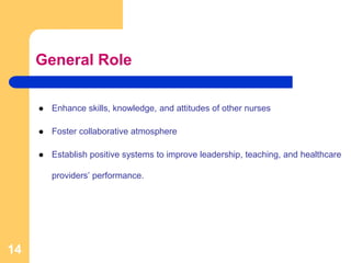 General Role
 Enhance skills, knowledge, and attitudes of other nurses
 Foster collaborative atmosphere
 Establish positive systems to improve leadership, teaching, and healthcare
providers’ performance.
14
 