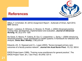 Affara, F. & Schober, M. (2012) Assignment Report – Sultanate of Oman, April 2012,
ICN: Geneva
Bryant – Lukosius, D. DiCenso, A. Browne, G. Pinelli, J. (2004) Advanced practice
nursing roles: development, implementation and evaluation, Journal of Advanced
Nursing, 48, (5) p 519 - 529
De Geest, S. Moons, P. Callens, B. Gut, C. Lindpaintner, L. Spirig, r. (2008) Introducing
advanced practice / nurse practitioners in health systems: A framework for reflection and
analysis, Swiss Med. Weekly, (138) p33-34
Edwards J.B., S. Oppewal and C.L. Logan (2003), “Nurse-managed primary care:
outcomes of a faculty practice network”, Journal Am Acad Nurse Pract, 15 (12): 563-9.
EROS Project team (1999), “Training nurse practitioners for general practice”, The
EROS Project Team, Br J. Gen Pract, 49 (444): 531-5.
21
References
 
