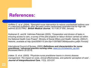 22
References:
Griffiths C. et al. (2004), “Specialist nurse intervention to reduce unscheduled asthma care
in a deprived multiethnic area: the east London randomised controlled trial for high risk
asthma (ELECTRA)”, British Medical Journal, 10.1136.37 950, January.
Hukkanen E. and M. Vallimies-Patomaki (2005), “Cooperation and division of tasks in
ensuring access to care, a survey of the pilot projects on labour division carried out within
the National Health Care Project”, Ministry of Social Affairs and Health, Helsinki, 2005:21,
Helsinki, available at http://pre20090115.stm.fi/pr1129788573664/passthru.pdf[in Finnish]
International Council of Nurses, (2002) Definitions and characteristics for nurse
practitioner / advanced practice nursing roles. www.icn.ch/networks_ap.htm
[Accessed March 20 2014]
Litaker, D. et al. (2003), “Physician-nurse practitioner teams in chronic disease
management: The impact on costs, clinical effectiveness, and patients' perception of care”,
Journal of Interprofessional Care, 17(3), 223-237.
 