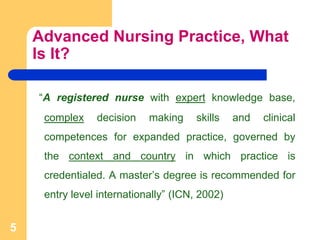 Advanced Nursing Practice, What
Is It?
“A registered nurse with expert knowledge base,
complex decision making skills and clinical
competences for expanded practice, governed by
the context and country in which practice is
credentialed. A master’s degree is recommended for
entry level internationally” (ICN, 2002)
5
 
