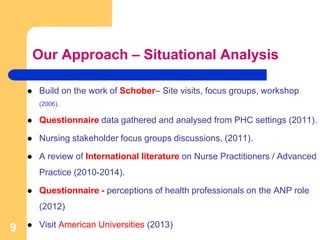 Our Approach – Situational Analysis
 Build on the work of Schober– Site visits, focus groups, workshop
(2006).
 Questionnaire data gathered and analysed from PHC settings (2011).
 Nursing stakeholder focus groups discussions, (2011).
 A review of International literature on Nurse Practitioners / Advanced
Practice (2010-2014).
 Questionnaire - perceptions of health professionals on the ANP role
(2012)
 Visit American Universities (2013)9
 