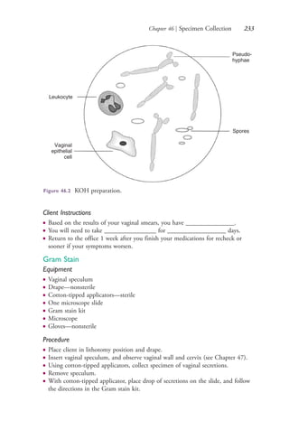 Chapter 46 | Specimen Collection 233
Client Instructions
● Based on the results of your vaginal smears, you have _______________.
● You will need to take ________________ for __________________ days.
● Return to the office 1 week after you finish your medications for recheck or
sooner if your symptoms worsen.
Gram Stain
Equipment
● Vaginal speculum
● Drape—nonsterile
● Cotton-tipped applicators—sterile
● One microscope slide
● Gram stain kit
● Microscope
● Gloves—nonsterile
Procedure
● Place client in lithotomy position and drape.
● Insert vaginal speculum, and observe vaginal wall and cervix (see Chapter 47).
● Using cotton-tipped applicators, collect specimen of vaginal secretions.
● Remove speculum.
● With cotton-tipped applicator, place drop of secretions on the slide, and follow
the directions in the Gram stain kit.
Leukocyte
Vaginal
epithelial
cell
Spores
Pseudo-
hyphae
Figure 46.2 KOH preparation.
4206_Chapter 3_0205-0312.indd 2334206_Chapter 3_0205-0312.indd 233 12/24/2014 2:01:41 PM12/24/2014 2:01:41 PM
Process CyanProcess CyanProcess MagentaProcess MagentaProcess YellowProcess YellowProcess BlackProcess Black
 