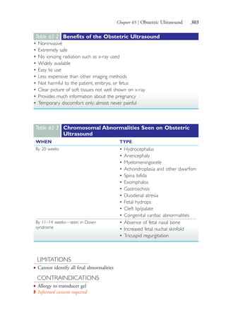 Chapter 65 | Obstetric Ultrasound 303
Table 65·2 Benefits of the Obstetric Ultrasound
• Noninvasive
• Extremely safe
• No ionizing radiation such as x-ray used
• Widely available
• Easy to use
• Less expensive than other imaging methods
• Not harmful to the patient, embryo, or fetus
• Clear picture of soft tissues not well shown on x-ray
• Provides much information about the pregnancy
• Temporary discomfort only; almost never painful
Table 65·3 Chromosomal Abnormalities Seen on Obstetric
Ultrasound
WHEN TYPE
By 20 weeks • Hydrocephalus
• Anencephaly
• Myelomeningocele
• Achondroplasia and other dwarfism
• Spina bifida
• Exomphalos
• Gastroschisis
• Duodenal atresia
• Fetal hydrops
• Cleft lip/palate
• Congenital cardiac abnormalities
By 11–14 weeks—seen in Down
syndrome
• Absence of fetal nasal bone
• Increased fetal nuchal skinfold
• Tricuspid regurgitation
LIMITATIONS
● Cannot identify all fetal abnormalities
CONTRAINDICATIONS
● Allergy to transducer gel
◗ Informed consent required
4206_Chapter 3_0205-0312.indd 3034206_Chapter 3_0205-0312.indd 303 12/24/2014 2:01:45 PM12/24/2014 2:01:45 PM
Process CyanProcess CyanProcess MagentaProcess MagentaProcess YellowProcess YellowProcess BlackProcess Black
 
