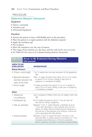304 Section Three | Genitourinary and Breast Procedures
Table 65·4 Areas to Be Evaluated During Obstetric
Ultrasound
AREA TO BE
EVALUATED WHEN/WHAT
Always Measure
• Crown–rump length 7 to 13 weeks:Very accurate estimation of the gestational
age.
• Biparietal diameter—
diameter between the
sides of the head
After 13 weeks: Increases from about 2.4 cm at 13 weeks
to about 9.5 cm at term. Dating in later part of
pregnancy is considered unreliable.
• Femur length 14 weeks: Increases from about 1.5 cm at 14 weeks to
about 7.8 cm at term. Dating in later part of pregnancy
is considered unreliable.
Other
• Abdominal
circumference
Late in pregnancy: Reflects fetal size and weight rather than
age.
• Gestational sac By 4.5 weeks: Increases by about 1 mm per day; not
accurate for dating a pregnancy.
• Yolk sac diameter Between 7 and 11 weeks: Reaches a diameter of up to
7 mm, then decreases in size. If greater than 5.6 mm
before 10 weeks, abnormal fetal outcome. Absence of
the yolk sac in the presence of an embryo is abnormal
and is associated with fetal demise.
• Nuchal skinfold Between 10 and 13 weeks:The fold is less than 3 mm
normally. After 16 weeks, should not exceed 6 to 7 mm.
Increased nuchal fold occurs in Turner’s syndrome,
Down syndrome, and other chromosomal abnormalities.
PROCEDURE
Abdominal Obstetric Ultrasound
Equipment
● Gloves—nonsterile
● Transducer gel
● Ultrasound equipment
Procedure
● Instruct the patient to have a full bladder prior to the procedure.
● Place the patient in a supine position with the abdomen exposed.
● Apply the transducer gel.
● Put on gloves.
● Move the transducer over the area of interest.
● The image of the amniotic sac, the fetus, and the cord can be seen on screen.
● See Table 65.4 for areas to be evaluated during obstetric ultrasound.
4206_Chapter 3_0205-0312.indd 3044206_Chapter 3_0205-0312.indd 304 12/24/2014 2:01:45 PM12/24/2014 2:01:45 PM
Process CyanProcess CyanProcess MagentaProcess MagentaProcess YellowProcess YellowProcess BlackProcess Black
 