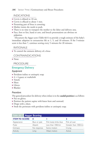 306 Section Three | Genitourinary and Breast Procedures
INDICATIONS
● Cervix is dilated to 10 cm.
● Cervix is effaced to about 1 mm.
● Presenting part of fetus is crowning.
● Mother insists she needs to push.
● There is no time to transport the mother to the labor and delivery area.
● Face, foot or feet, hand or arm, and breech presentations are obvious on
palpation.
Document the Apgar score (Table 66.1) to provide a rough estimate of the baby’s
immediate adaption to extrauterine life at 1, 5, and 10 minutes. If the 5-minute
score is less than 7, continue scoring every 5 minutes for 20 minutes.
RATIONALE
● To control the eminent delivery of a fetus
CONTRAINDICATIONS
● None
PROCEDURE
Emergency Delivery
Equipment
● Povidone-iodine or antiseptic soap
● 4 × 4 gauze or washcloth
● Towels
● Sheet
● Gloves
● Blanket
Procedure
The general procedure for delivery when infant is in the caudal position is as follows
● Put on gloves.
● Position the patient supine with knees bent and outward.
● Drape with a sheet.
● Swab the perineum with povidone-iodine or antiseptic soap.
Table 66·1 Apgar Scoring
ITEM TO SCORE 0 1 2
Appearance Blue or pale Pink body, limbs blue Pink all over
Pulse Absent Less than 100/min Greater than 100/min
Grimace No response Some motion Crying
Activity Limp Weak motion Active
4206_Chapter 3_0205-0312.indd 3064206_Chapter 3_0205-0312.indd 306 12/24/2014 2:01:45 PM12/24/2014 2:01:45 PM
Process CyanProcess CyanProcess MagentaProcess MagentaProcess YellowProcess YellowProcess BlackProcess Black
 