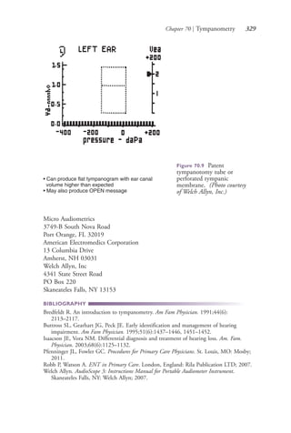 Chapter 70 | Tympanometry 329
• Can produce flat tympanogram with ear canal
volume higher than expected
• May also produce OPEN message
Figure 70.9 Patent
tympanotomy tube or
perforated tympanic
membrane. (Photo courtesy
of Welch Allyn, Inc.)
Micro Audiometrics
3749-B South Nova Road
Port Orange, FL 32019
American Electromedics Corporation
13 Columbia Drive
Amherst, NH 03031
Welch Allyn, Inc
4341 State Street Road
PO Box 220
Skaneateles Falls, NY 13153
BIBLIOGRAPHY
Bredfeldt R. An introduction to tympanometry. Am Fam Physician. 1991;44(6):
2113–2117.
Buttross SL, Gearhart JG, Peck JE. Early identification and management of hearing
impairment. Am Fam Physician. 1995;51(6):1437–1446, 1451–1452.
Isaacson JE, Vora NM. Differential diagnosis and treatment of hearing loss. Am. Fam.
Physician. 2003;68(6):1125–1132.
Pfenninger JL, Fowler GC. Procedures for Primary Care Physicians. St. Louis, MO: Mosby;
2011.
Robb P, Watson A. ENT in Primary Care. London, England: Rila Publication LTD; 2007.
Welch Allyn. AudioScope 3: Instructions Manual for Portable Audiometer Instrument.
Skaneateles Falls, NY: Welch Allyn; 2007.
4206_Chapter 4_0313-0402.indd 3294206_Chapter 4_0313-0402.indd 329 12/24/2014 2:01:52 PM12/24/2014 2:01:52 PM
Process CyanProcess CyanProcess MagentaProcess MagentaProcess YellowProcess YellowProcess BlackProcess Black
 