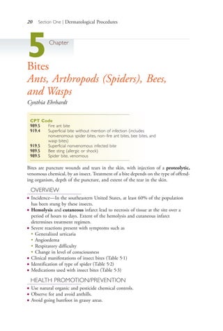 20 Section One | Dermatological Procedures
5Chapter
Bites
Ants, Arthropods (Spiders), Bees,
and Wasps
Cynthia Ehrhardt
CPT Code
989.5 Fire ant bite
919.4 Superficial bite without mention of infection (includes
nonvenomous spider bites, non–fire ant bites, bee bites, and
wasp bites)
919.5 Superficial nonvenomous infected bite
989.5 Bee sting (allergic or shock)
989.5 Spider bite, venomous
Bites are puncture wounds and tears in the skin, with injection of a proteolytic,
venomous chemical, by an insect. Treatment of a bite depends on the type of offend-
ing organism, depth of the puncture, and extent of the tear in the skin.
OVERVIEW
● Incidence—In the southeastern United States, at least 60% of the population
has been stung by these insects.
● Hemolysis and cutaneous infarct lead to necrosis of tissue at the site over a
period of hours to days. Extent of the hemolysis and cutaneous infarct
determines treatment regimen.
● Severe reactions present with symptoms such as
●
Generalized urticaria
●
Angioedema
●
Respiratory difficulty
● Change in level of consciousness
● Clinical manifestations of insect bites (Table 5.1)
● Identification of type of spider (Table 5.2)
● Medications used with insect bites (Table 5.3)
HEALTH PROMOTION/PREVENTION
● Use natural organic and pesticide chemical controls.
● Observe for and avoid anthills.
● Avoid going barefoot in grassy areas.
4206_Chapter 1_0001-0120.indd 204206_Chapter 1_0001-0120.indd 20 12/24/2014 2:01:15 PM12/24/2014 2:01:15 PM
Process CyanProcess CyanProcess MagentaProcess MagentaProcess YellowProcess YellowProcess BlackProcess Black
 