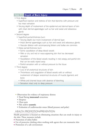 Chapter 7 | Burns 29
●
Observation for evidence of respiratory distress
• Nasal flaring intercostal retractions
• Dyspnea
• Chest pain
• Pale and/or cyanotic
• Evaluation of cardiovascular status (blood pressure and pulse)
HEALTH PROMOTION/PREVENTION
Health promotion is focused on eliminating situations that can result in injury to
the skin. These measures include
● Promotion of safety habits
● Use of protective clothing when working with agents that can traumatize skin
● Promotion of a safe environment
Table 7∙1 Depth of Burn Injury
• First degree
• Superficial injection and redness of skin that blanches with pressure and
has intact sensation
• Varying depth of involvement of the epidermal and dermal layers of skin
with intact dermal appendages such as hair and sweat and sebaceous
glands
• Second degree
• Superficial partial-thickness burn
• Varying depth, but more involvement of dermal layer.
• Intact dermal appendages such as hair and sweat and sebaceous glands.
• Vascular dilation with accompanying blisters and bullae are common.
• Deep partial-thickness burn
• Some vasodilation of deep blood vessels
• Wet or dry and red or waxy-appearing skin that has decreased
sensation
• Vasodilation of the blood vessels resulting in red, weepy, and painful skin
that can be easily wiped away
• Painful sensation with or without pressure to the tissue
• Third degree
• Loss of all anatomical structures of skin
• Thrombosis and coagulation of blood vessels with or without
involvement of deeper anatomical structures of muscle, ligament, and
bone
• White and charred tissue with absence of blanching
• Sensation intact only to deep pressure
4206_Chapter 1_0001-0120.indd 294206_Chapter 1_0001-0120.indd 29 12/24/2014 2:01:15 PM12/24/2014 2:01:15 PM
Process CyanProcess CyanProcess MagentaProcess MagentaProcess YellowProcess YellowProcess BlackProcess Black
 
