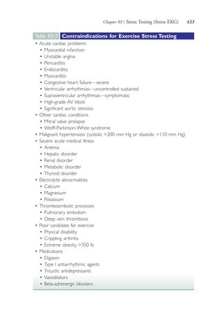 Chapter 93 | Stress Testing (Stress EKG) 433
Table 93·3 Contraindications for Exercise Stress Testing
• Acute cardiac problems
• Myocardial infarction
• Unstable angina
• Pericarditis
• Endocarditis
• Myocarditis
• Congestive heart failure—severe
• Ventricular arrhythmias—uncontrolled sustained
• Supraventricular arrhythmias—symptomatic
• High-grade AV block
• Significant aortic stenosis
• Other cardiac conditions
• Mitral valve prolapse
• Wolff-Parkinson-White syndrome
• Malignant hypertension (systolic >200 mm Hg or diastolic >110 mm Hg)
• Severe acute medical illness
• Anemia
• Hepatic disorder
• Renal disorder
• Metabolic disorder
• Thyroid disorder
• Electrolyte abnormalities
• Calcium
• Magnesium
• Potassium
• Thromboembolic processes
• Pulmonary embolism
• Deep vein thrombosis
• Poor candidate for exercise
• Physical disability
• Crippling arthritis
• Extreme obesity, >350 lb
• Medications
• Digoxin
• Type I antiarrhythmic agents
• Tricyclic antidepressants
• Vasodilators
• Beta-adrenergic blockers
4206_Chapter 5_.indd 4334206_Chapter 5_.indd 433 12/24/2014 2:31:01 PM12/24/2014 2:31:01 PM
Process CyanProcess CyanProcess MagentaProcess MagentaProcess YellowProcess YellowProcess BlackProcess Black
 