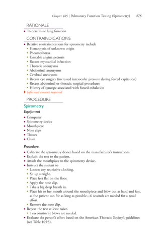 Chapter 105 | Pulmonary Function Testing (Spirometry) 475
RATIONALE
● To determine lung function
CONTRAINDICATIONS
● Relative contraindications for spirometry include
●
Hemoptysis of unknown origin
●
Pneumothorax
●
Unstable angina pectoris
●
Recent myocardial infarction
● Thoracic aneurysms
●
Abdominal aneurysms
●
Cerebral aneurysms
●
Recent eye surgery (increased intraocular pressure during forced expiration)
●
Recent abdominal or thoracic surgical procedures
●
History of syncope associated with forced exhalation
◗ Informed consent required
PROCEDURE
Spirometry
Equipment
● Computer
● Spirometry device
● Mouthpiece
● Nose clips
● Tissues
● Chair
Procedure
● Calibrate the spirometry device based on the manufacturer’s instructions.
● Explain the test to the patient.
● Attach the mouthpiece to the spirometry device.
● Instruct the patient to
●
Loosen any restrictive clothing.
●
Sit up straight.
●
Place feet flat on the floor.
●
Apply the nose clip.
●
Take a big deep breath in.
●
Place his or her mouth around the mouthpiece and blow out as hard and fast,
as the patient can for as long as possible—6 seconds are needed for a good
effort.
●
Remove the nose clip.
● Repeat the test at least twice.
●
Two consistent blows are needed.
● Evaluate the person’s effort based on the American Thoracic Society’s guidelines
(see Table 105.3).
4206_Chapter 6_.indd 4754206_Chapter 6_.indd 475 12/24/2014 2:30:44 PM12/24/2014 2:30:44 PM
Process CyanProcess CyanProcess MagentaProcess MagentaProcess YellowProcess YellowProcess BlackProcess Black
 