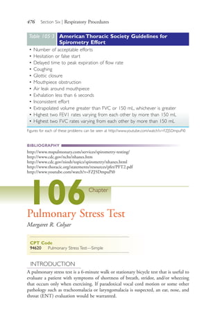 476 Section Six | Respiratory Procedures
Table 105∙3 American Thoracic Society Guidelines for
Spirometry Effort
• Number of acceptable efforts
• Hesitation or false start
• Delayed time to peak expiration of flow rate
• Coughing
• Glottic closure
• Mouthpiece obstruction
• Air leak around mouthpiece
• Exhalation less than 6 seconds
• Inconsistent effort
• Extrapolated volume greater than FVC or 150 mL, whichever is greater
• Highest two FEV1 rates varying from each other by more than 150 mL
• Highest two FVC rates varying from each other by more than 150 mL
Figures for each of these problems can be seen at http://www.youtube.com/watch?v=FZJ5DmpuPi0
BIBLIOGRAPHY
http://www.mspulmonary.com/services/spirometry-testing/
http://www.cdc.gov/nchs/nhanes.htm
http://www.cdc.gov/niosh/topics/spirometry/nhanes.html
http://www.thoracic.org/statements/resources/pfet/PFT2.pdf
http://www.youtube.com/watch?v=FZJ5DmpuPi0
106Chapter
Pulmonary Stress Test
Margaret R. Colyar
CPT Code
94620 Pulmonary Stress Test—Simple
INTRODUCTION
A pulmonary stress test is a 6-minute walk or stationary bicycle test that is useful to
evaluate a patient with symptoms of shortness of breath, stridor, and/or wheezing
that occurs only when exercising. If paradoxical vocal cord motion or some other
pathology such as tracheomalacia or laryngomalacia is suspected, an ear, nose, and
throat (ENT) evaluation would be warranted.
4206_Chapter 6_.indd 4764206_Chapter 6_.indd 476 12/24/2014 2:30:44 PM12/24/2014 2:30:44 PM
Process CyanProcess CyanProcess MagentaProcess MagentaProcess YellowProcess YellowProcess BlackProcess Black
 