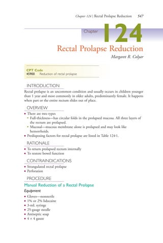 Chapter 124 | Rectal Prolapse Reduction 547
Chapter
124Rectal Prolapse Reduction
Margaret R. Colyar
CPT Code
45900 Reduction of rectal prolapse
INTRODUCTION
Rectal prolapse is an uncommon condition and usually occurs in children younger
than 1 year and most commonly in older adults, predominantly female. It happens
when part or the entire rectum slides out of place.
OVERVIEW
● There are two types
●
Full-thickness—has circular folds in the prolapsed mucosa. All three layers of
the rectum are prolapsed.
●
Mucosal—mucous membrane alone is prolapsed and may look like
hemorrhoids.
● Predisposing factors for rectal prolapse are listed in Table 124.1.
RATIONALE
● To return prolapsed rectum internally
● To restore bowel function
CONTRAINDICATIONS
● Strangulated rectal prolapse
● Perforation
PROCEDURE
Manual Reduction of a Rectal Prolapse
Equipment
● Gloves—nonsterile
● 1% or 2% lidocaine
● 3-mL syringe
● 25-gauge needle
● Antiseptic soap
● 4 × 4 gauze
4206_Chapter 7_.indd 5474206_Chapter 7_.indd 547 12/24/2014 2:30:33 PM12/24/2014 2:30:33 PM
Process CyanProcess CyanProcess MagentaProcess MagentaProcess YellowProcess YellowProcess BlackProcess Black
 