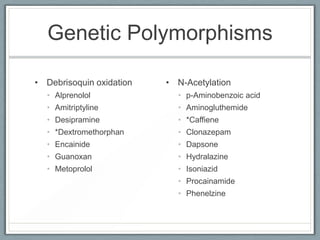 Genetic Polymorphisms

• Debrisoquin oxidation   • N-Acetylation
  • Alprenolol              • p-Aminobenzoic acid
  • Amitriptyline           • Aminogluthemide
  • Desipramine             • *Caffiene
  • *Dextromethorphan       • Clonazepam
  • Encainide               • Dapsone
  • Guanoxan                • Hydralazine
  • Metoprolol              • Isoniazid
                            • Procainamide
                            • Phenelzine
 