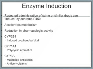 Enzyme Induction
• Repeated administration of same or similar drugs can
  “induce” cytochrome P450
• Accelerates metabolism
• Reduction in pharmacologic activity
• CYP2B1
  • Induced by phenobarbital

• CYP1A1
  • Polycyclic aromatics

• CYP3A
  • Macrolide antibiotics
  • Anticonvulsants
 