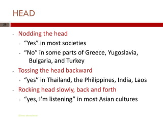 HEAD
25


     -   Nodding the head
         - “Yes” in most societies

         - “No” in some parts of Greece, Yugoslavia,
             Bulgaria, and Turkey
     -   Tossing the head backward
         - “yes” in Thailand, the Philippines, India, Laos

     -   Rocking head slowly, back and forth
         - “yes, I’m listening” in most Asian cultures


         Gihan aboueleish
 