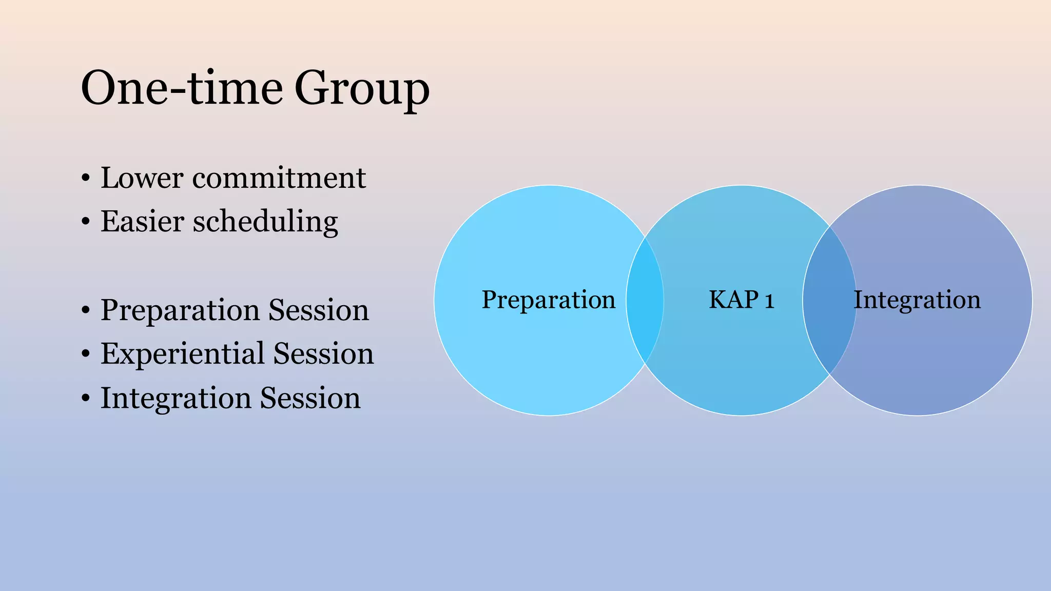 One-time Group
• Lower commitment
• Easier scheduling
• Preparation Session
• Experiential Session
• Integration Session
Preparation KAP 1 Integration
 