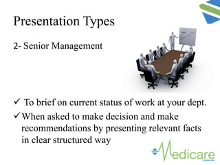 Presentation Types
2- Senior Management
 To brief on current status of work at your dept.
When asked to make decision and make
recommendations by presenting relevant facts
in clear structured way
 